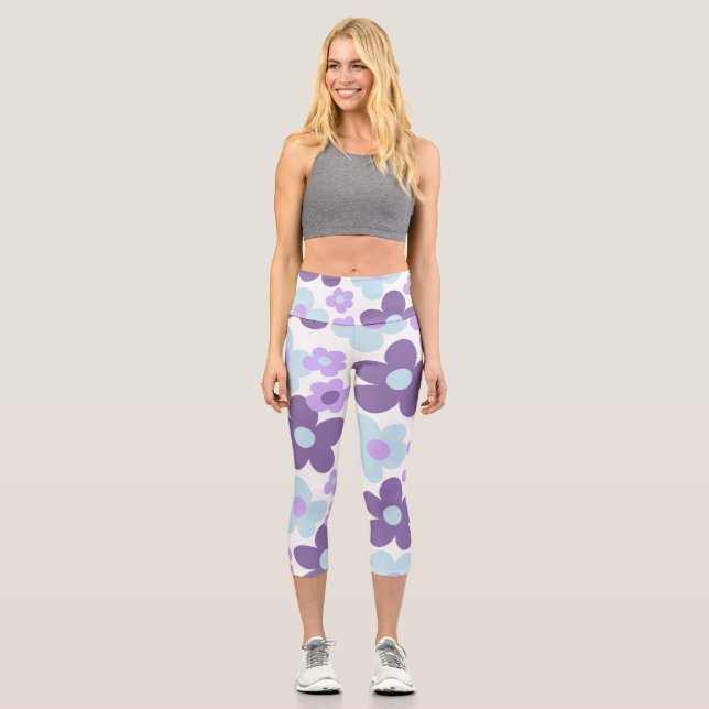 Purple Lavender Blue Daisies Retro Dream #1 #retro Capri Leggings (Front)