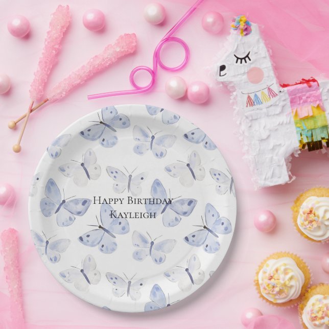 Purple Lavender Butterflies Birthday Paper Plate (Party)