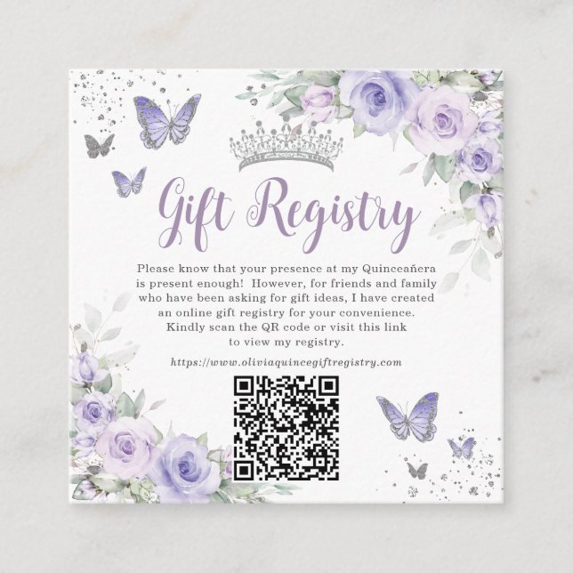 Purple Lavender Butterflies Quinceanera QR Gift  Enclosure Card (Front)