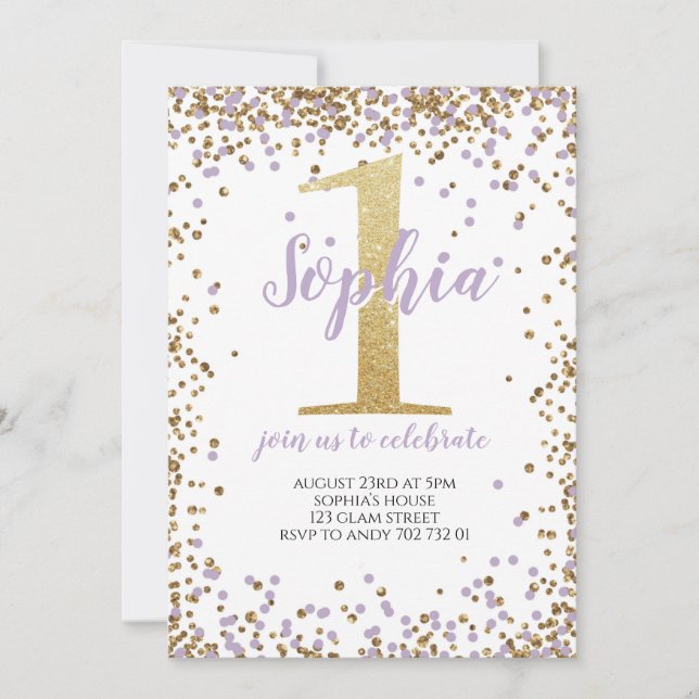 Purple Lavender Confetti Girl First Birthday Gold Invitation (Front)