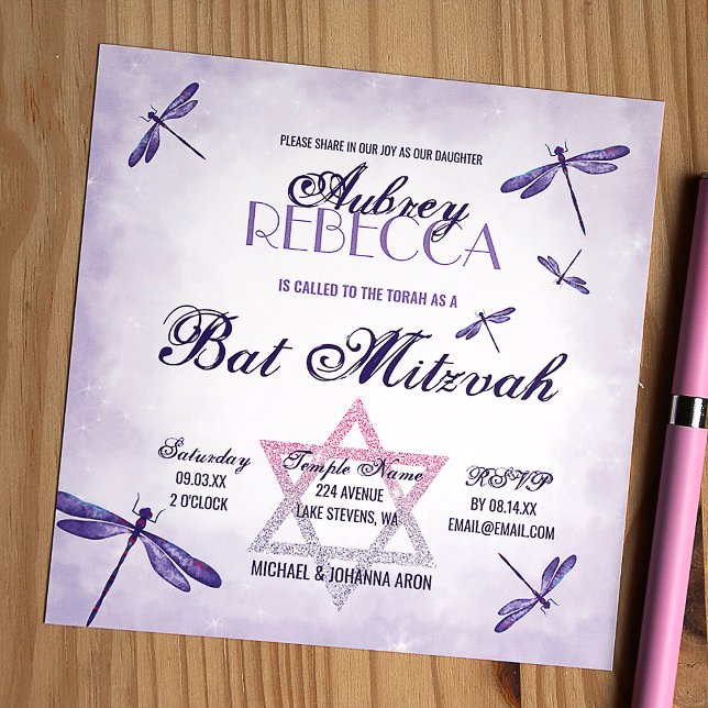 Purple, Lavender Dragonflies Bat Mitzvah Invitation (Purple bat mitzvah invitation with unique star of david design)