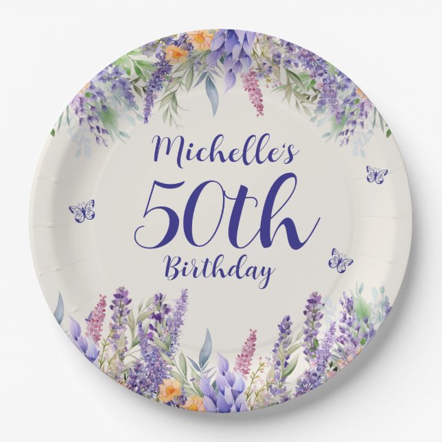 Purple Lavender Floral 50th Birthday Paper Plate (Front)