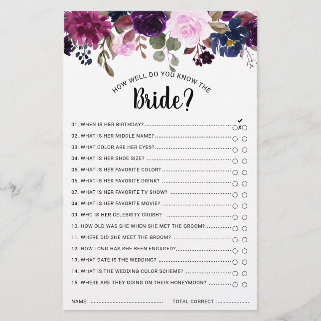 Purple Lavender Floral Boho Bridal Shower Game (Front)