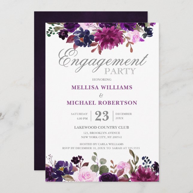 Purple Lavender Floral Boho Engagement party Invitation (Front/Back)