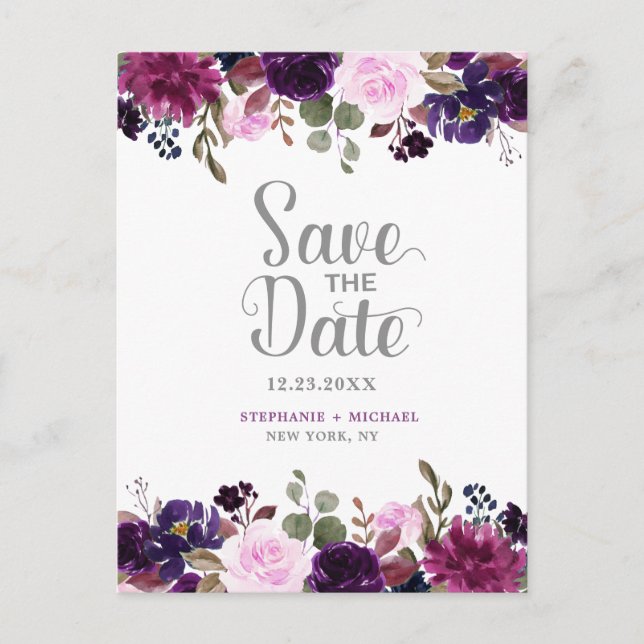 Purple Lavender Floral Boho Save the Date Announcement Postcard (Front)