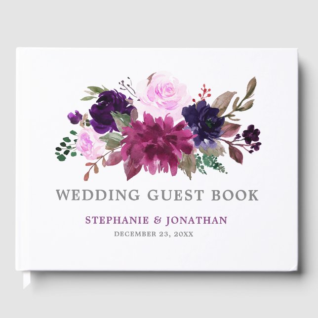 Purple Lavender Floral Boho Wedding Guest Book (Front)