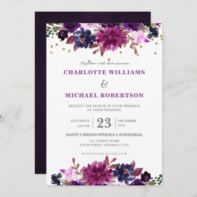 Purple Lavender Floral Boho Wedding Invitation (Front/Back)