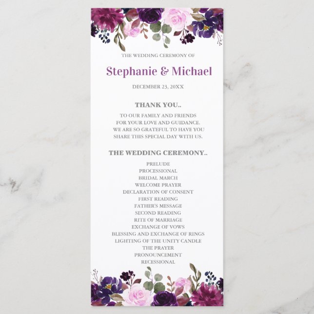Purple Lavender Floral Boho Wedding program card (Front)