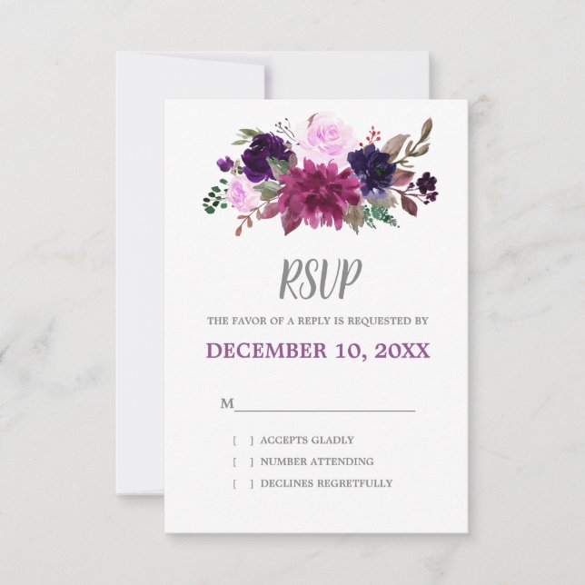 Purple Lavender Floral Boho Wedding RSVP Card (Front)
