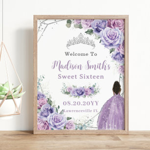 Purple Lavender Floral Brown Princess Birthday Poster