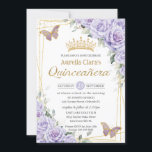 Purple Lavender Floral Butterfly Gold Quinceanera Invitation<br><div class="desc">This chic Quinceañera invitation features a gold glitter geometric frame adorned by delicate watercolor lavender purple floral, soft greenery and purple and gold butterflies. Personalise it with your details easily and quickly, simply press the customise it button to further re-arrange and format the style and placement of the text. (c)...</div>