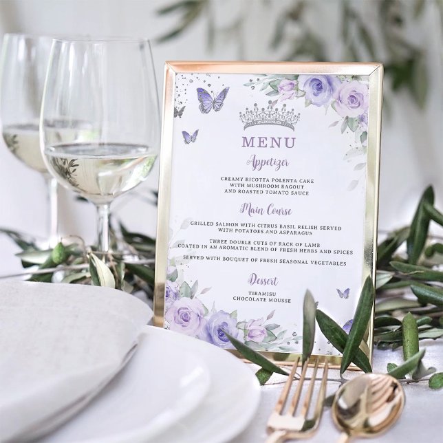 Purple Lavender Floral Butterfly Quinceañera Menu Poster (Creator Uploaded)