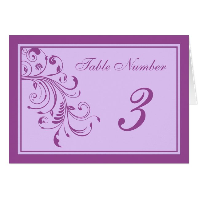 Purple & Lavender Floral Curls Wedding Table Cards (Front Horizontal)