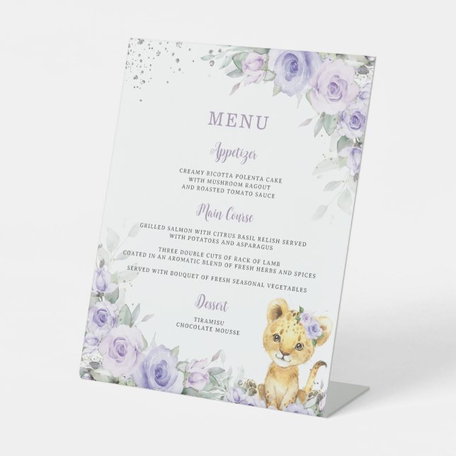 Purple Lavender Floral Cute Lion Baby Shower Menu Pedestal Sign (Front)