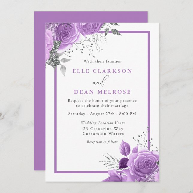 Purple Lavender Floral Elegant Wedding  Invitation (Front/Back)
