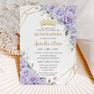 Purple Lavender Floral Flowers Gold Quinceañera Invitation