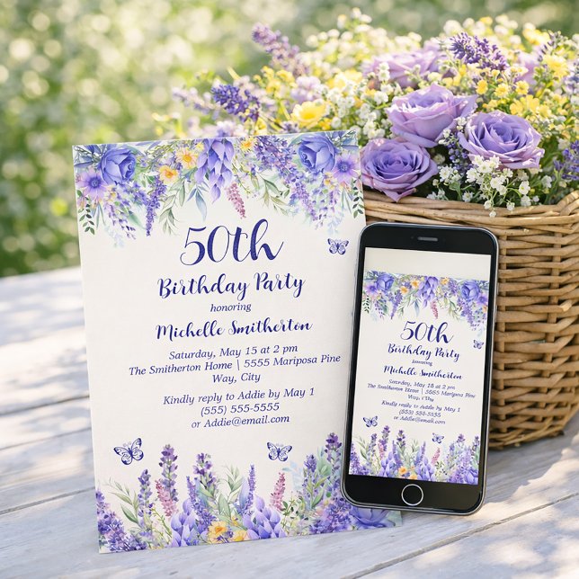 Purple Lavender Floral Garden Party 50th Birthday Invitation (Celebrate 50 years with a garden party!)
