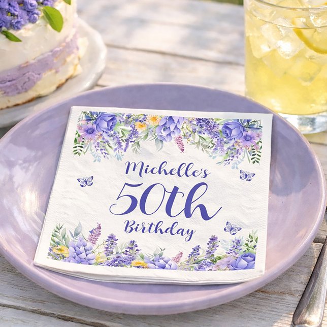 Purple Lavender Floral Garden Party 50th Birthday Napkin (Celebrate any age with a garden party!)
