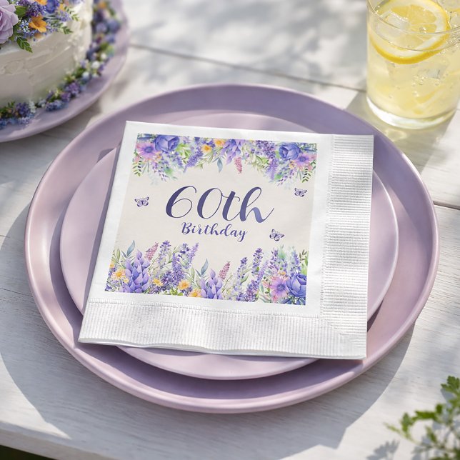 Purple Lavender Floral Garden Party 60th Birthday Napkin (Host a 60th birthday garden party)