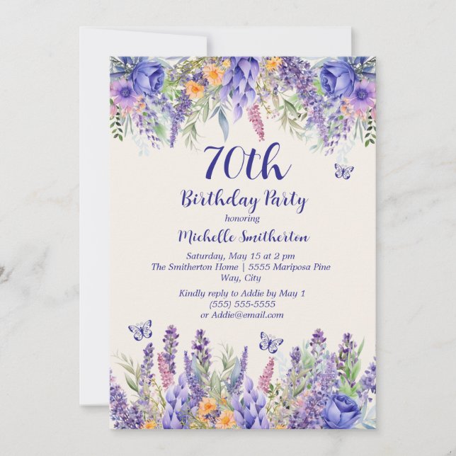 Purple Lavender Floral Garden Party 70th Birthday Invitation (Front)