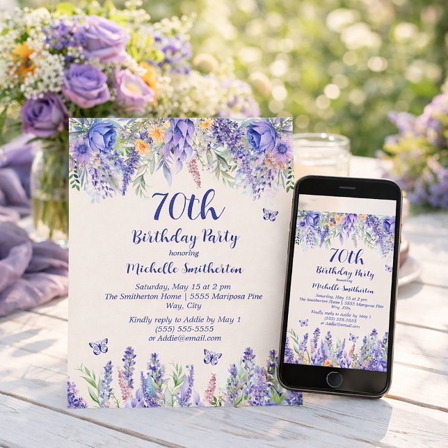 Purple Lavender Floral Garden Party 70th Birthday Invitation (Celebrating 70 wonderful years!)