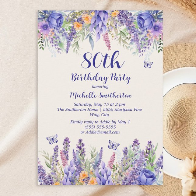 Purple Lavender Floral Garden Party 80th Birthday Invitation (Celebrating a special woman)