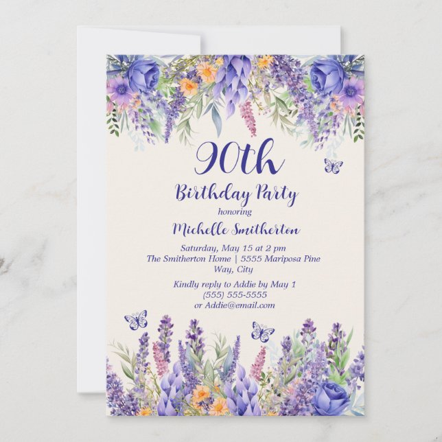 Purple Lavender Floral Garden Party 90th Birthday Invitation (Front)