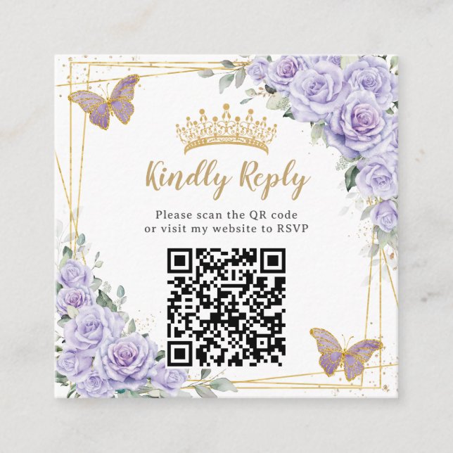 Purple Lavender Floral Gold Quinceañera QR Code Enclosure Card (Front)