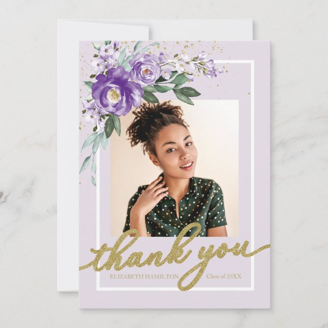 Purple Lavender Floral Graduation Photo Thank You Card (Front)