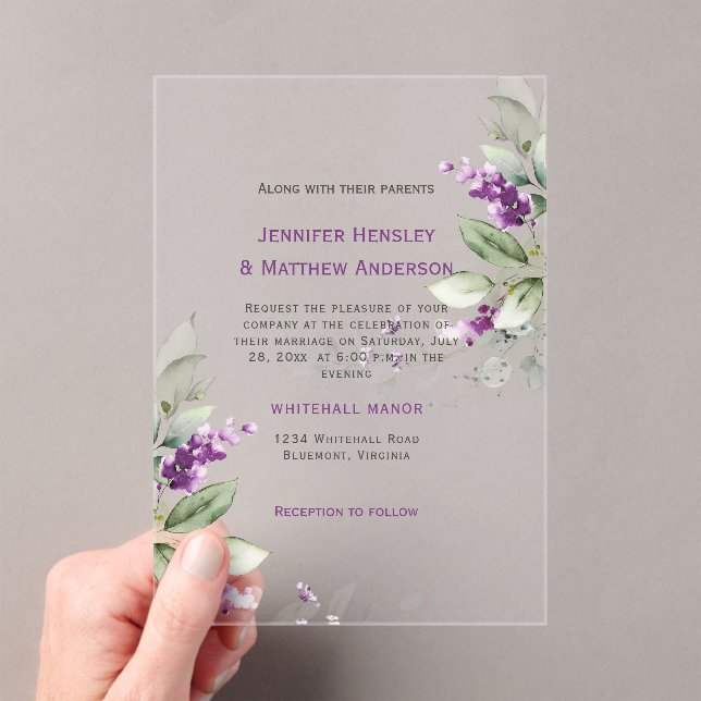 Purple Lavender Floral Greenery Wedding Acrylic Invitations (Insitu (Handheld))