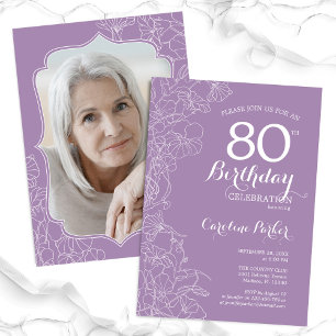 Purple Lavender Floral Photo 80th Birthday Party Invitation