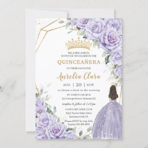 Purple Lavender Floral Princess Gold Quinceañera Invitation