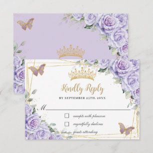 Purple Lavender Floral Quinceañera Butterflies RSVP Card