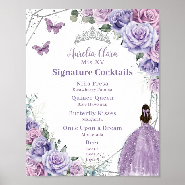 Purple Lavender Floral Quinceañera Drink Menu Poster (Front)