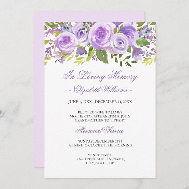 Purple Lavender Floral Rose Memorial Service Invitation (Front/Back)