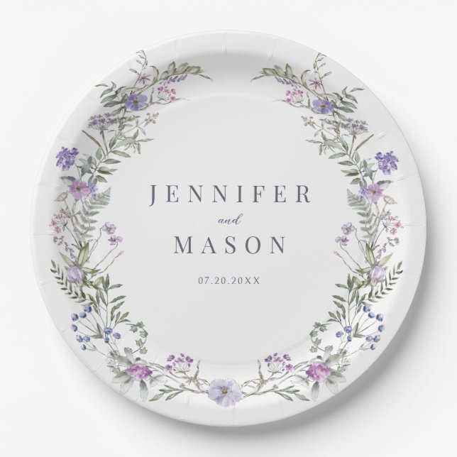 Purple lavender floral rustic wedding paper plates (Front)