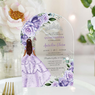 Purple Lavender Floral Silver Quinceañera Sweet 16 Acrylic Invitations