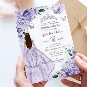 Purple Lavender Floral Silver Quinceanera Sweet 16 Invitation