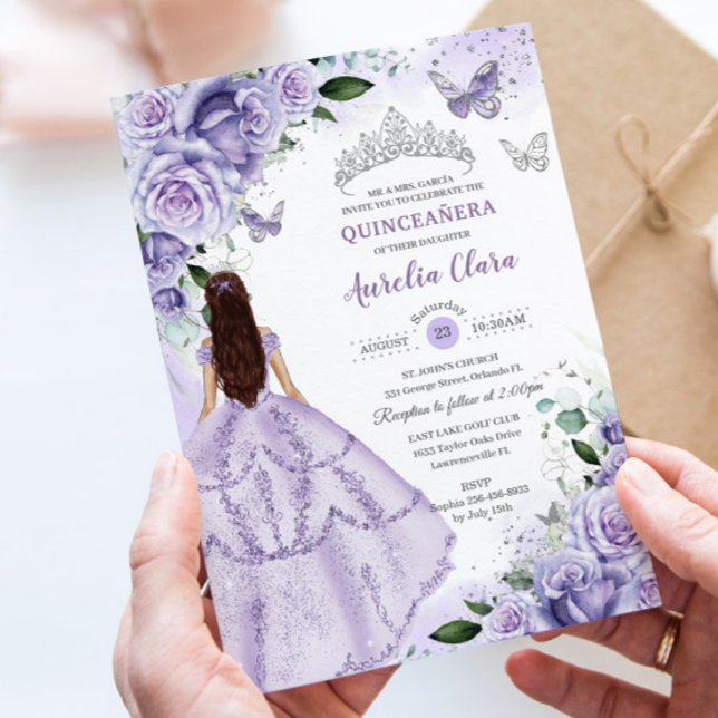 Purple Lavender Floral Silver Quinceanera Sweet 16 Invitation (Creator Uploaded)