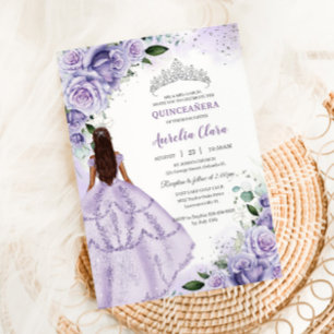 Purple Lavender Floral Silver Quinceañera Sweet 16 Invitation