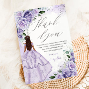 Purple Lavender Floral Silver Quinceanera Sweet 16 Thank You Card