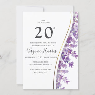 Purple Lavender Floral Twenty 20th Birthday Invitation