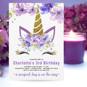 Purple Lavender Floral Unicorn Birthday Barty  Invitation