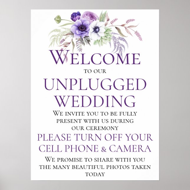 Purple Lavender Floral Unplugged Wedding Ceremony Poster (Front)