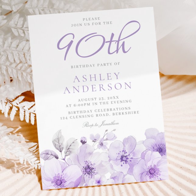 Purple Lavender Floral Watercolor 90th Birthday Invitation (Creator Uploaded)