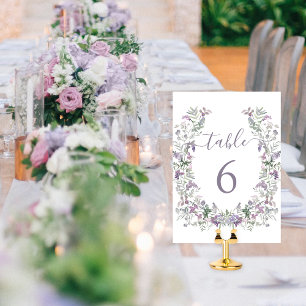 Purple lavender floral wreath rustic wedding table number