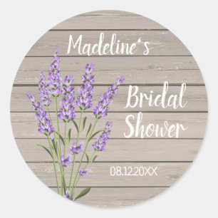 Purple lavender flowers on wood Bridal Shower  Cla Classic Round Sticker