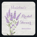 Purple lavender flowers on wood Bridal Shower   Square Sticker<br><div class="desc">This design features purple lavender flowers on a light wood background</div>