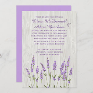 Purple lavender flowers on wood Wedding Invitation