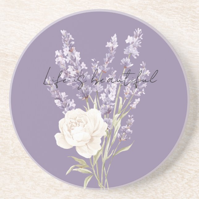 Purple Lavender Flowers White Rose Coaster (Front)